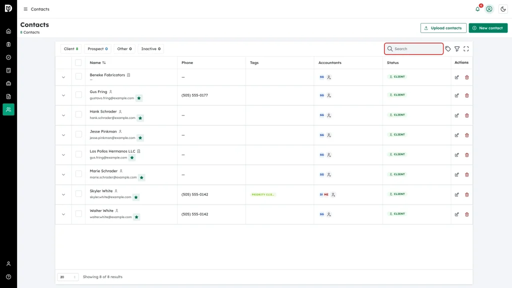 Search field highlighted in the table toolbar
