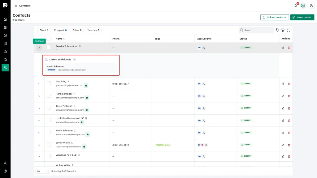 Linked Individuals panel highlighted in an expanded row