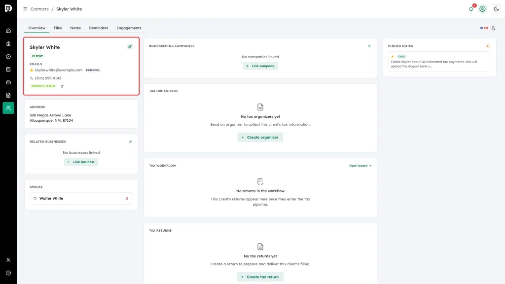 Contact profile card highlighted, showing status, emails and tags