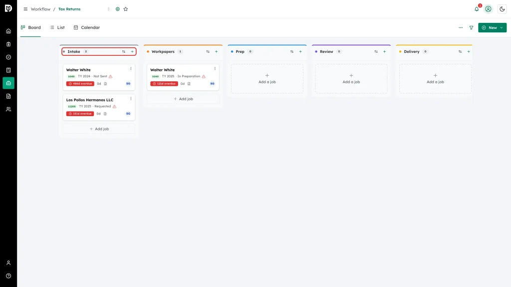 Intake stage header highlighted, showing the stage name and its job count