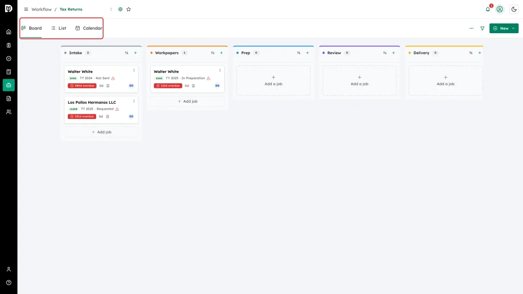 Board, List and Calendar tabs highlighted