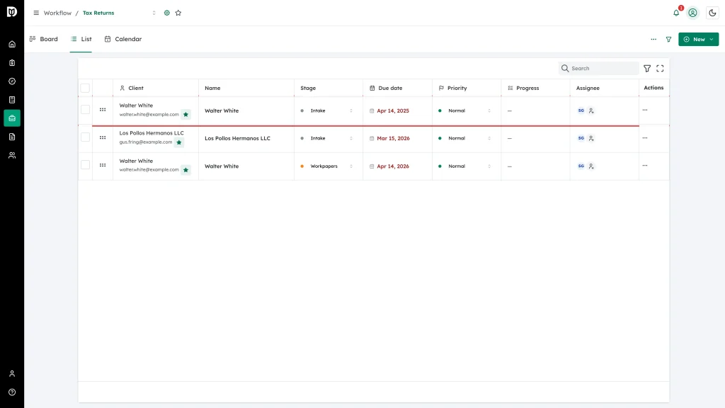 A job row highlighted in the List view