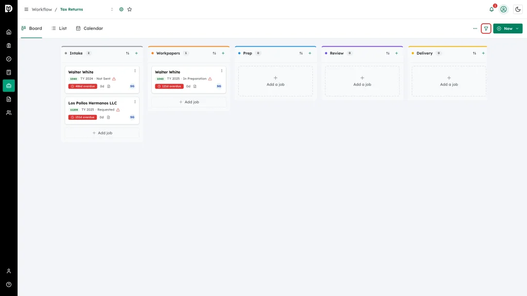 Filter toggle button highlighted in the board toolbar