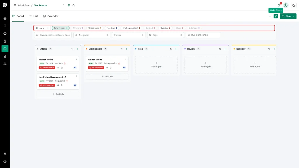 Tax year selector and queue tiles highlighted in the filter bar