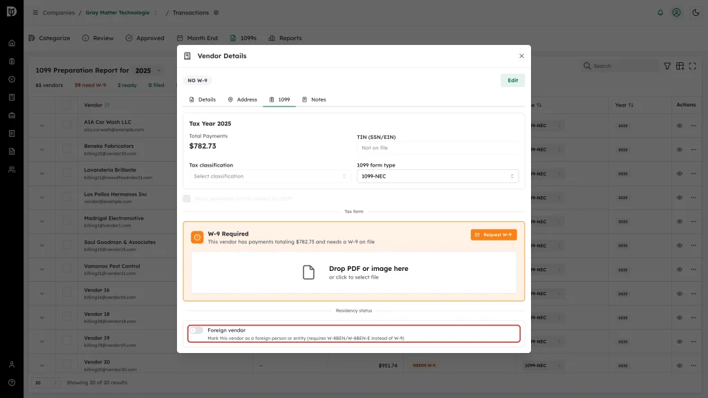 Highlighted Foreign vendor switch in the Residency status card