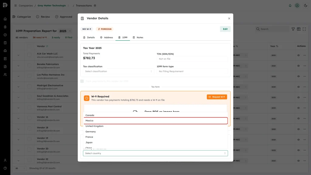 Highlighted Country of residence selector under the Foreign vendor switch