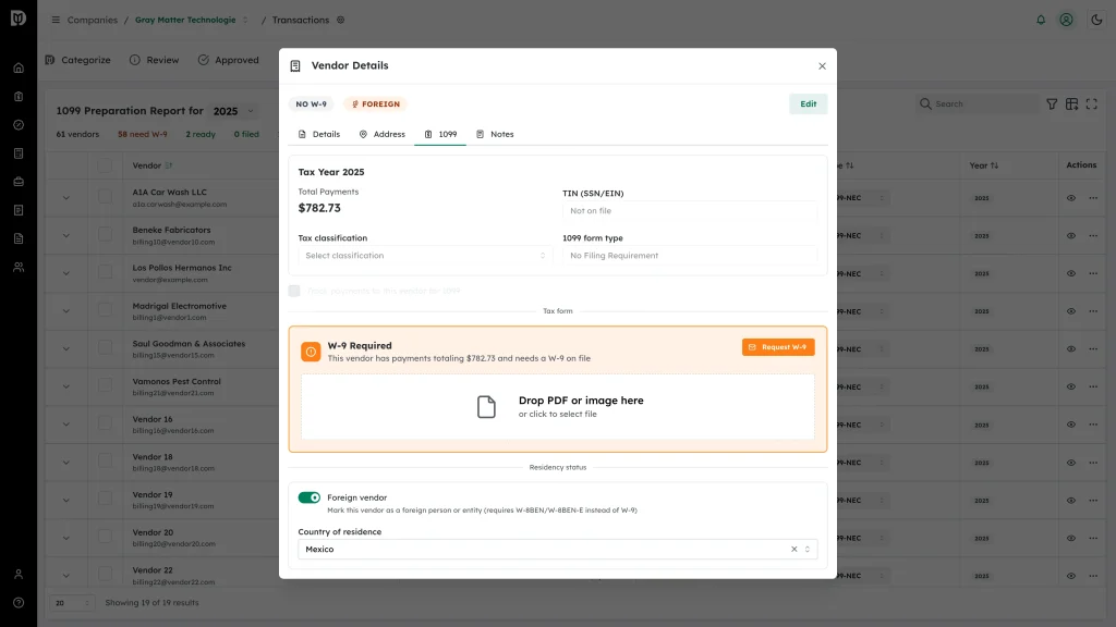 Highlighted Foreign badge and No Filing Req. form type on the vendor row