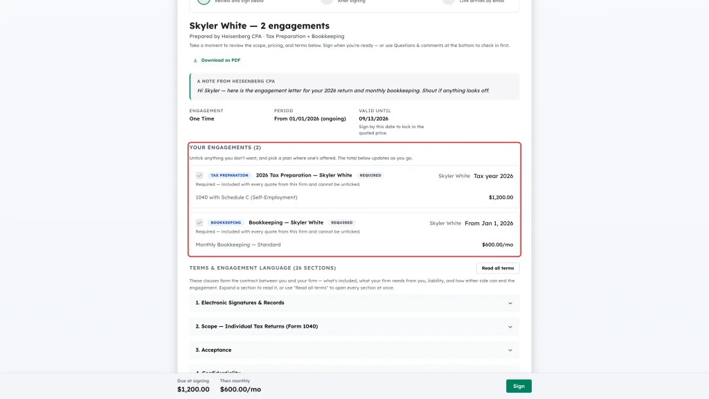 Your engagements list with each engagement, its services and its price