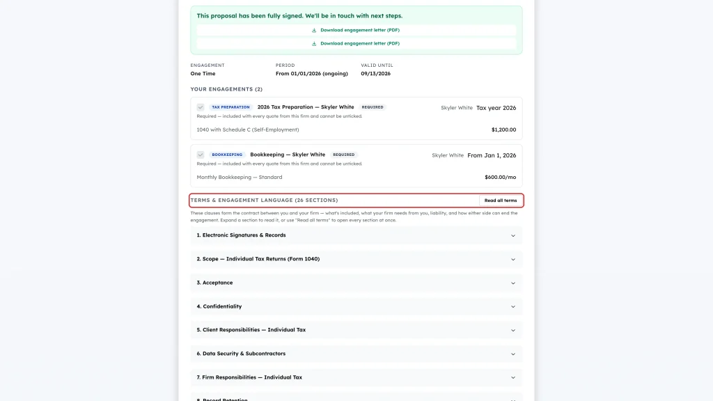 Terms and engagement language heading with the Read all terms button
