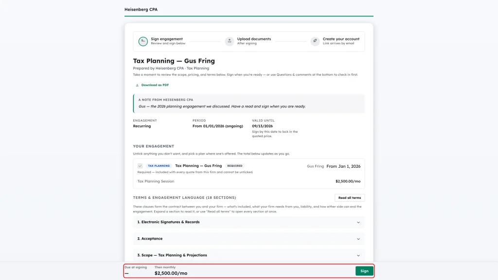 Total bar showing Due at signing and Then monthly amounts next to the Sign button