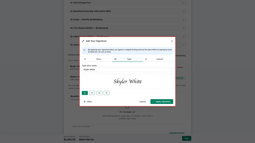 Add Your Signature box on the Type tab with a typed signature and the Apply Signature button