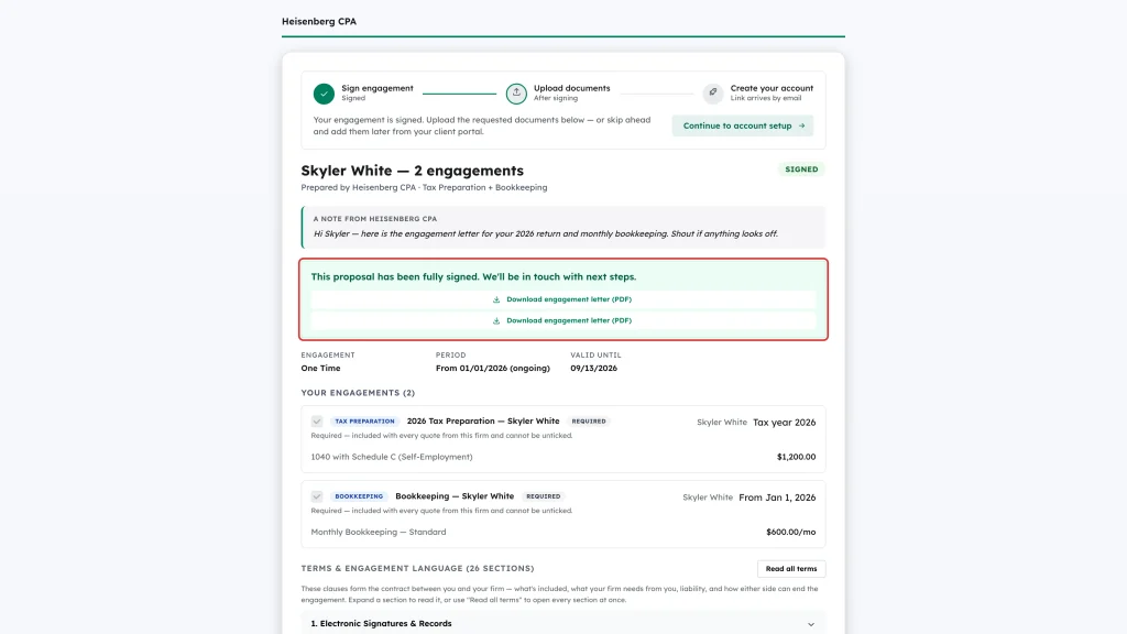 Fully signed banner with a Download engagement letter PDF link per engagement