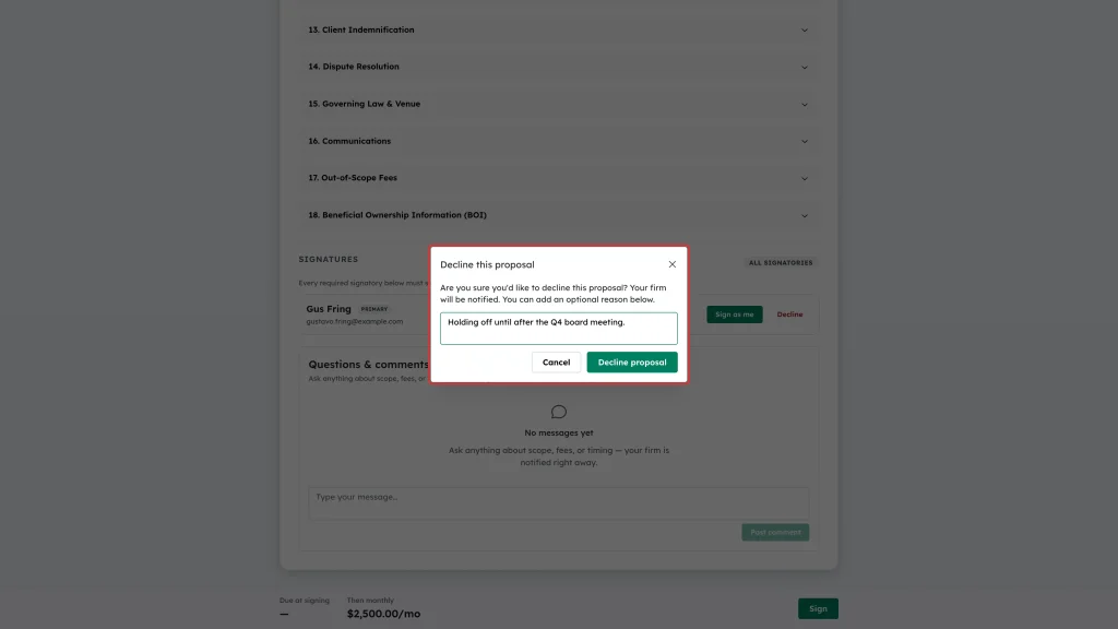 Decline this proposal box with the reason field