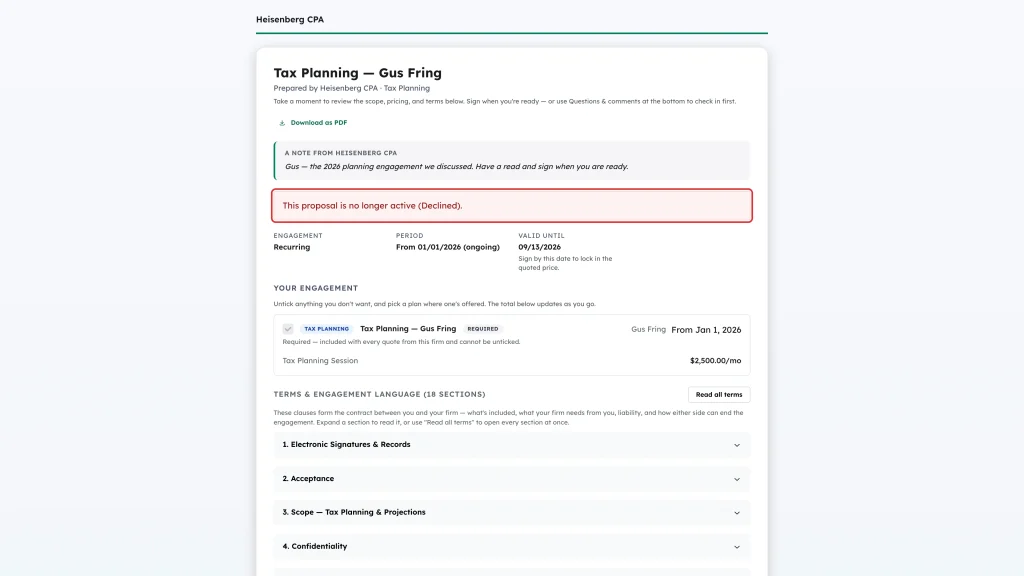 This proposal is no longer active Declined banner on the proposal page