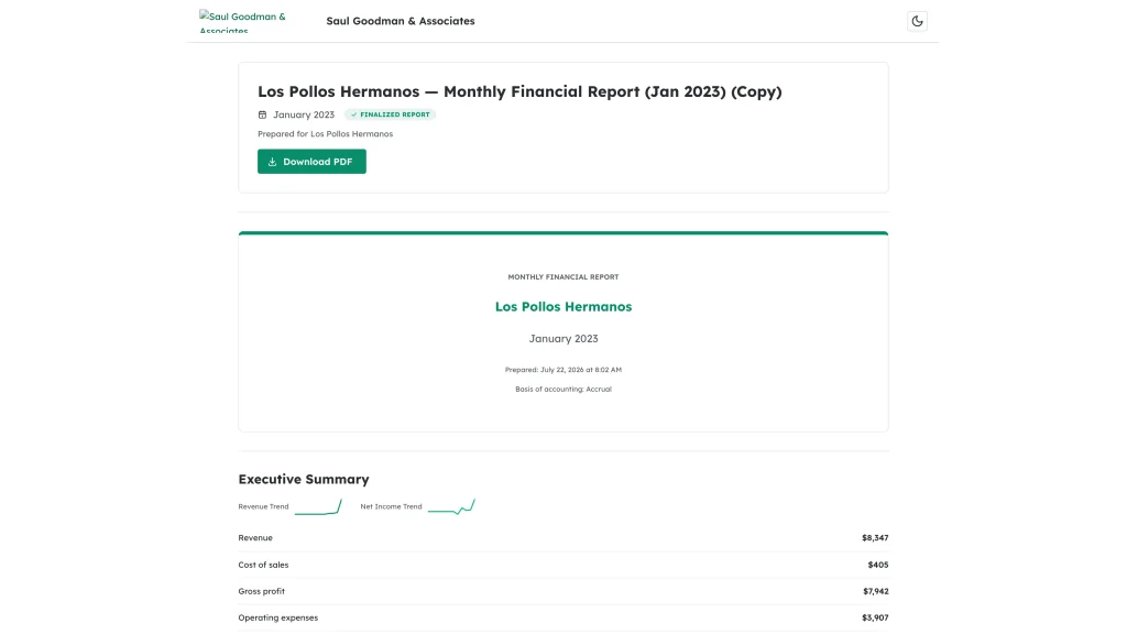 Financial report page opened from a secure link