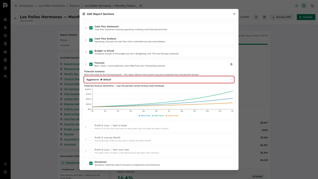 Forecast scenario selector highlighted in the Forecast section settings