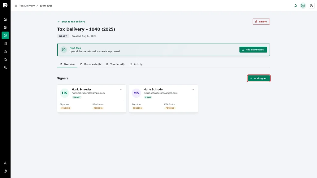 The Add signer button highlighted above the signer cards on the Overview tab