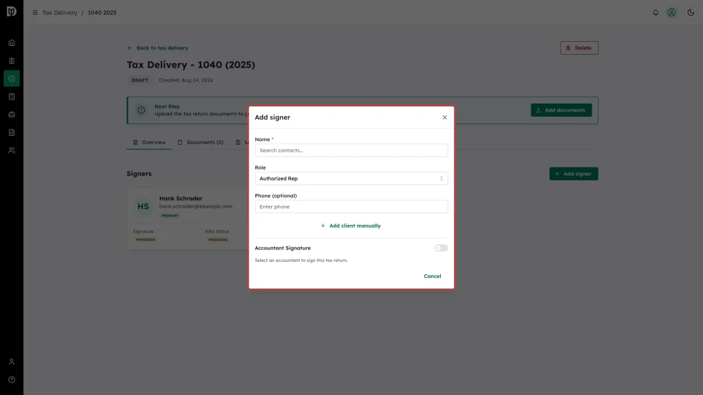 The Add signer window highlighted with the Name search, Role, Phone and Add client manually controls