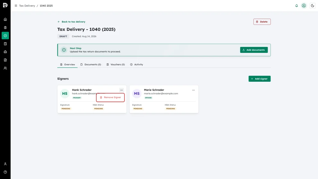 The Remove Signer menu item highlighted on a signer card in a draft tax delivery