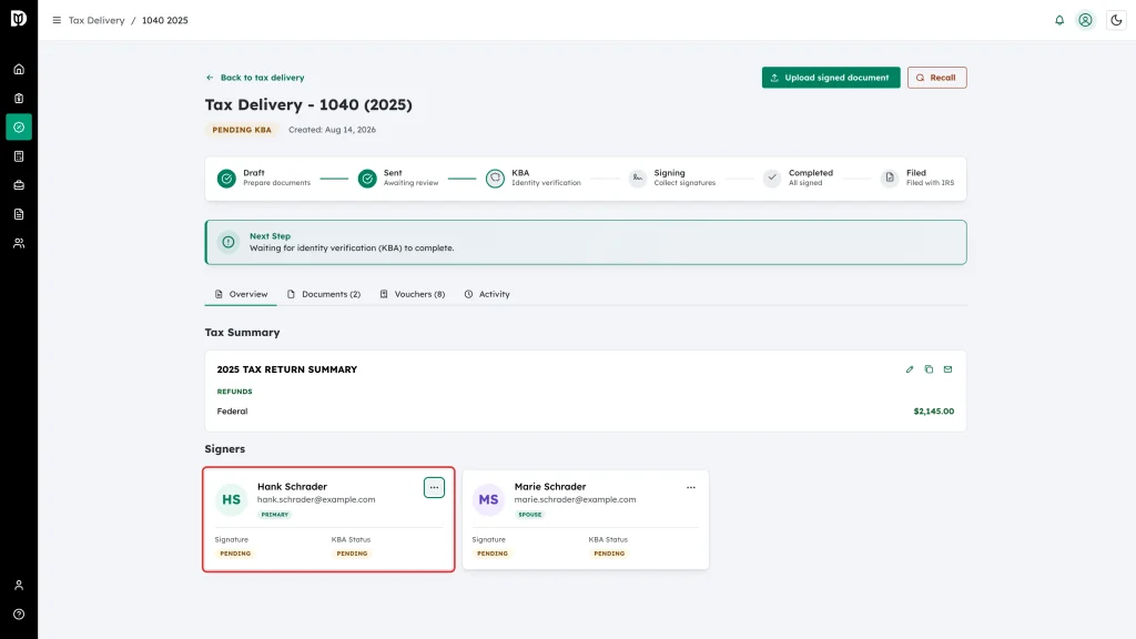 A signer card highlighted showing the Signature and KBA Status badges both reading Pending