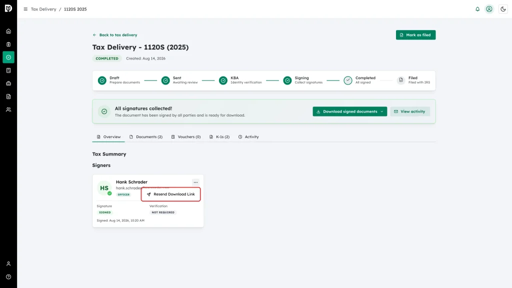 The Resend Download Link menu item highlighted on a signer card after signing is complete