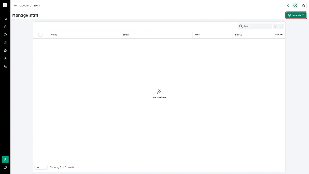 The New staff button highlighted on the Manage staff page
