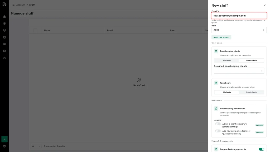 The Email(s) field highlighted in the New staff drawer, with role and client-access options below
