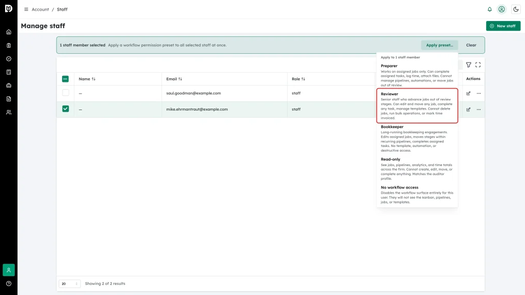 The Reviewer option highlighted in the Apply preset menu, with a staff member selected in the list