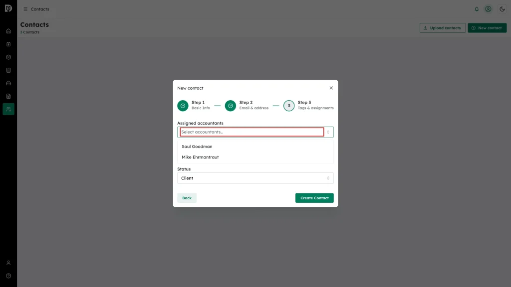 The Assigned accountants field highlighted in the New contact wizard, with staff names listed below it