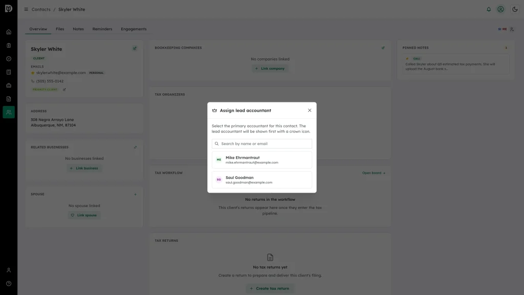 The Assign lead accountant modal listing the contact's accountants with a search box
