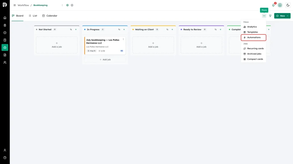 Automations menu item highlighted in the More menu