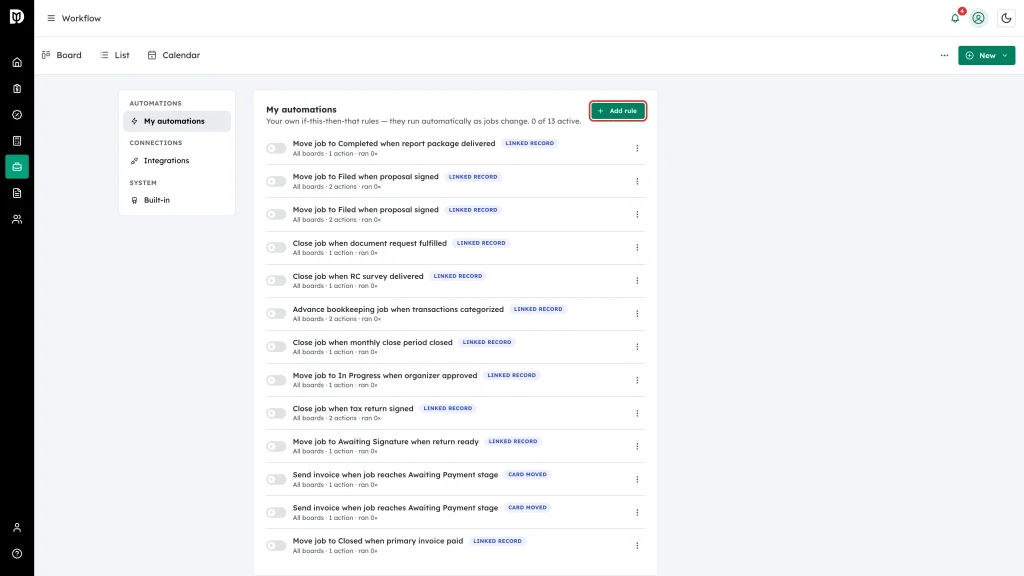 Add rule button highlighted beside the My automations heading