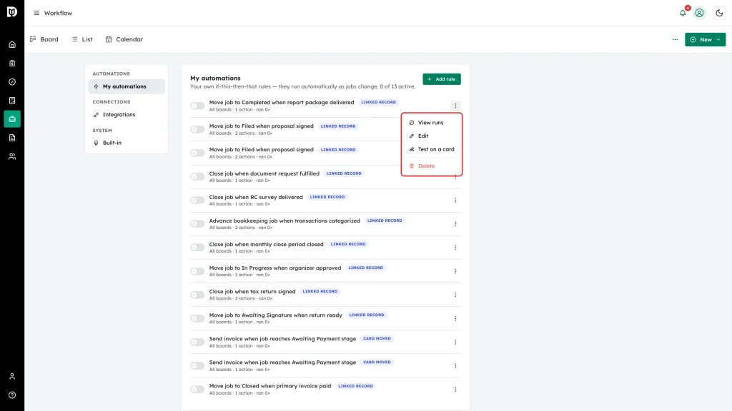 Automation row menu open, showing edit, test, view runs and delete
