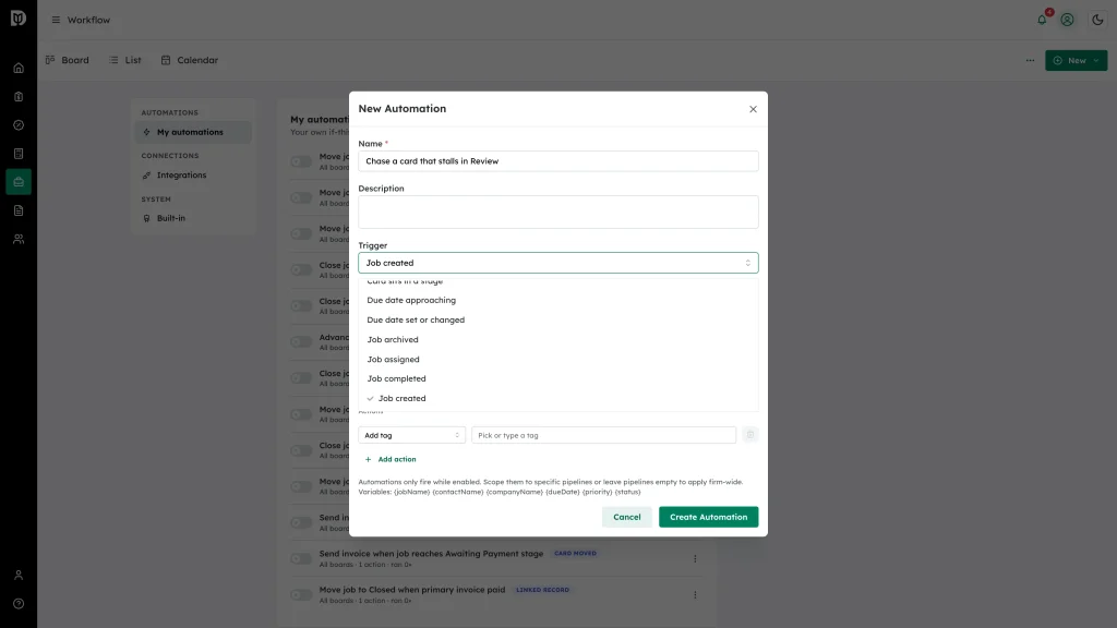 Trigger list open, showing the available triggers