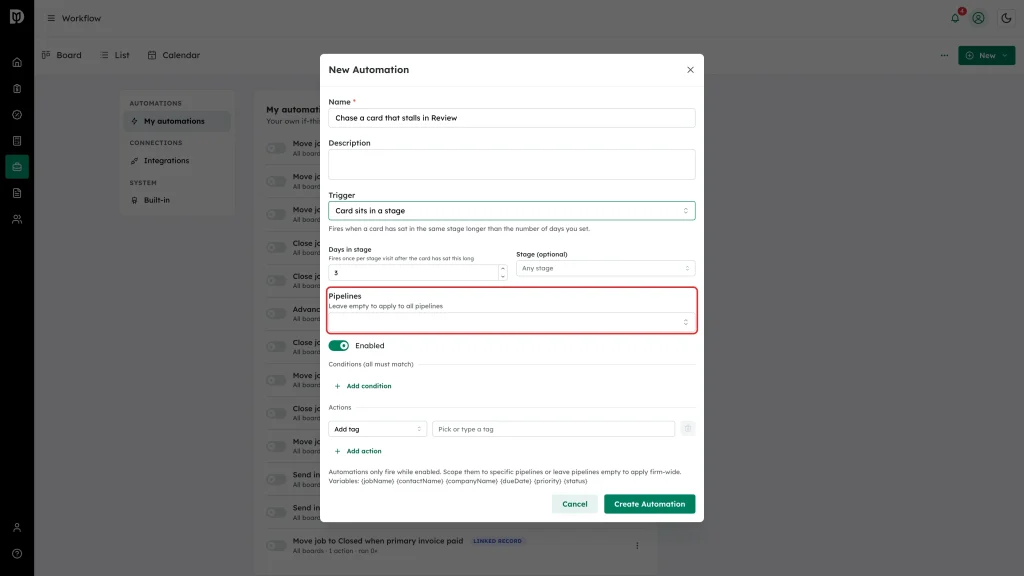 Pipelines field highlighted above the Enabled switch
