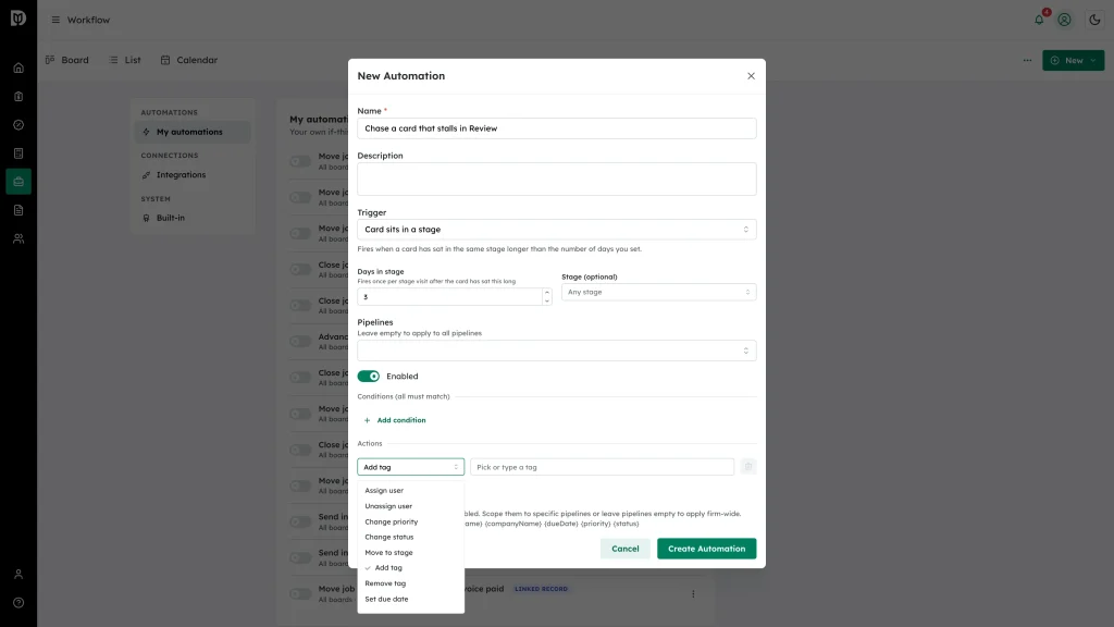 Action list open, showing the available actions