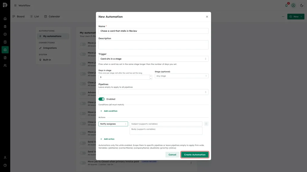 Create Automation button highlighted at the bottom of the window