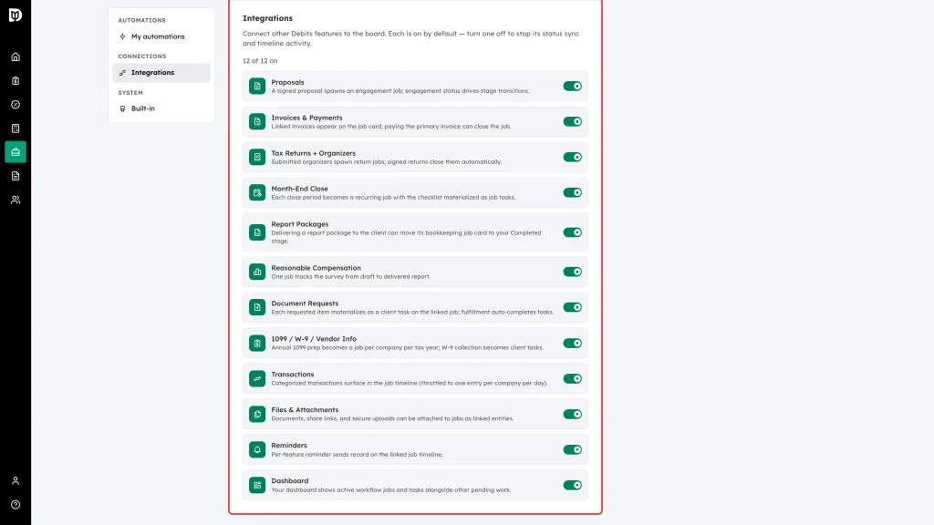 Reminders integration row highlighted in the Integrations list