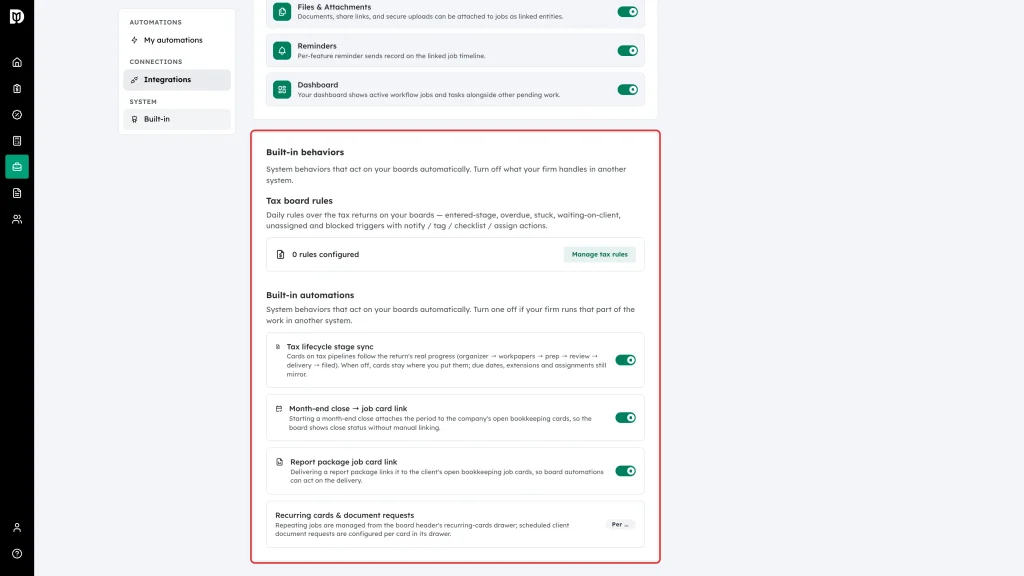 Built-in behaviors section highlighted, showing the tax board rules and built-in automations