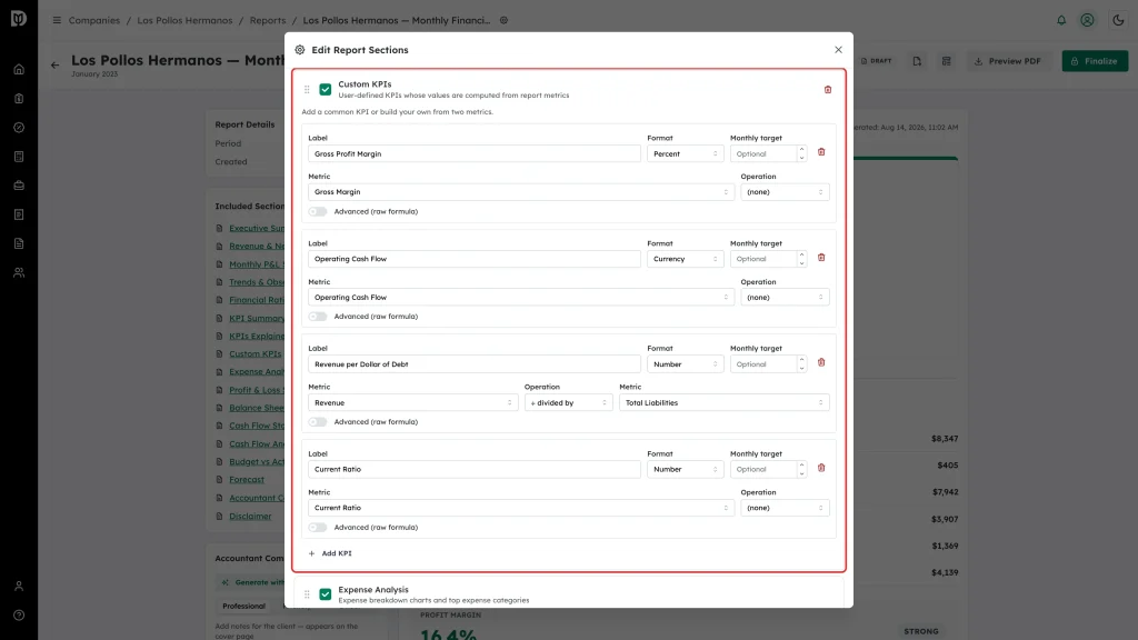 Custom KPIs section highlighted in the Edit Report Sections window
