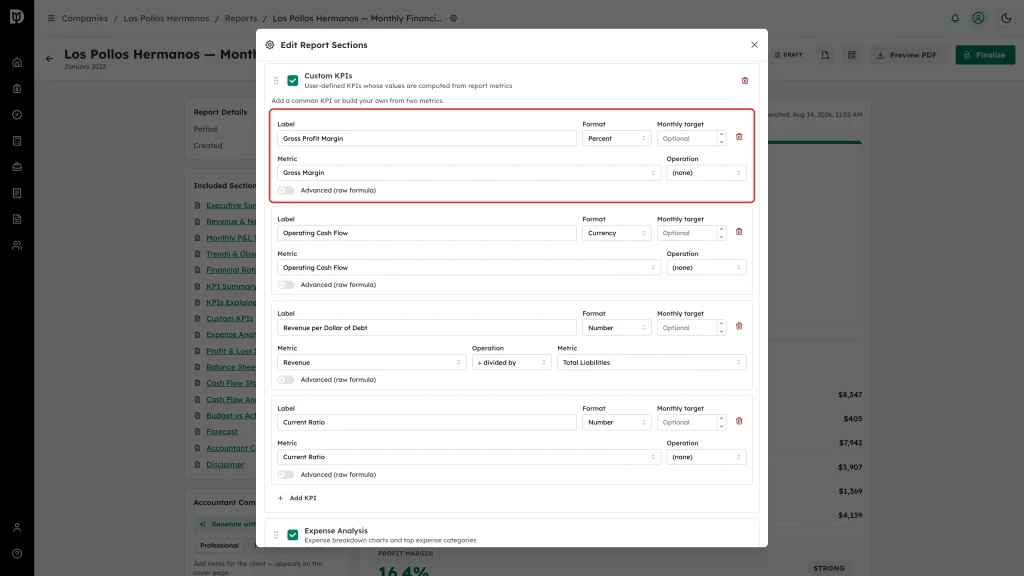 A single Custom KPI row highlighted with its label, format and metric fields