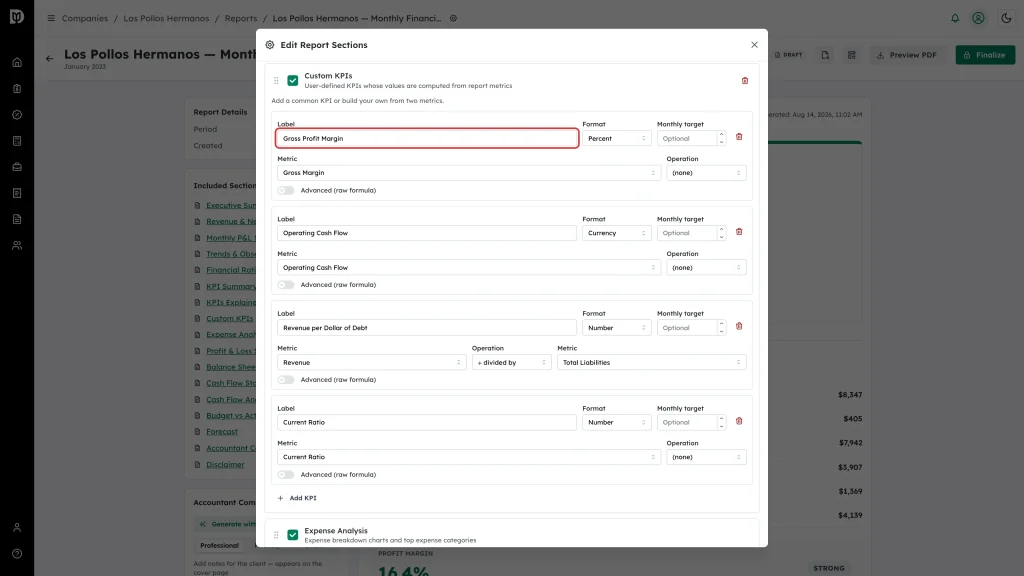 Label field highlighted on a Custom KPI row