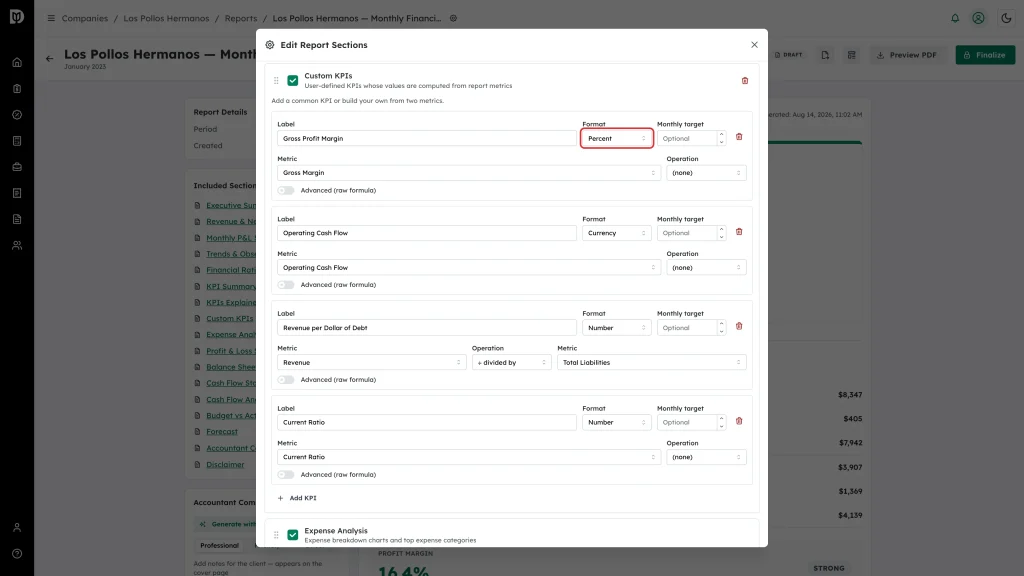 Format selector highlighted on a Custom KPI row