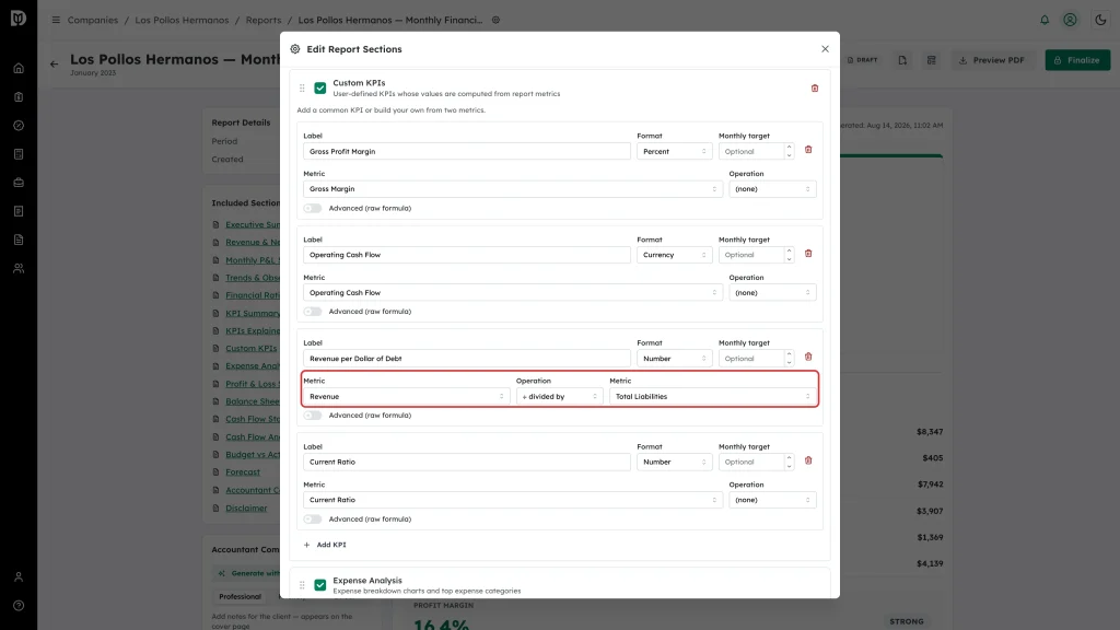 Metric, Operation and second Metric selectors highlighted on a Custom KPI row