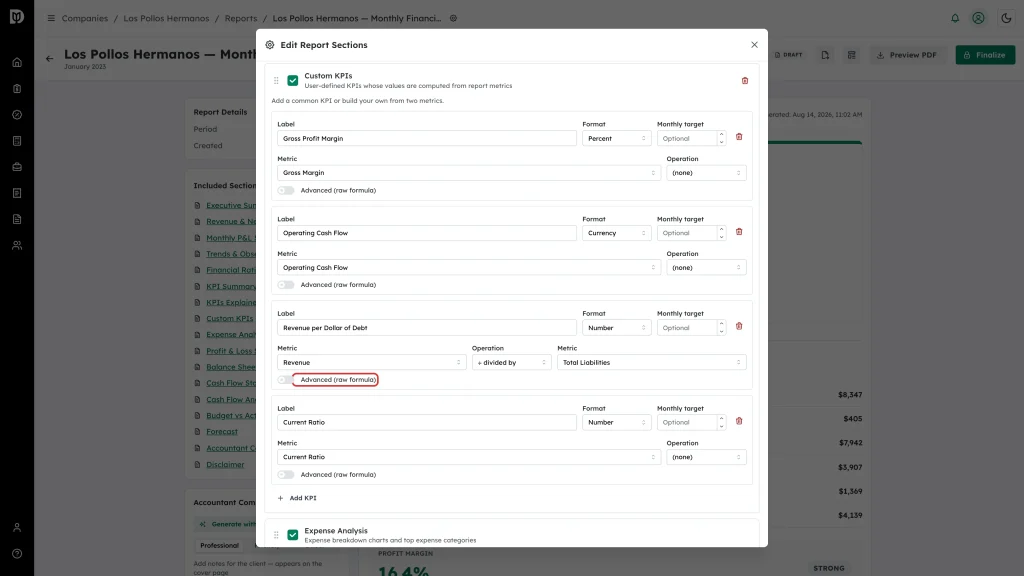 Advanced (raw formula) switch highlighted on a Custom KPI row
