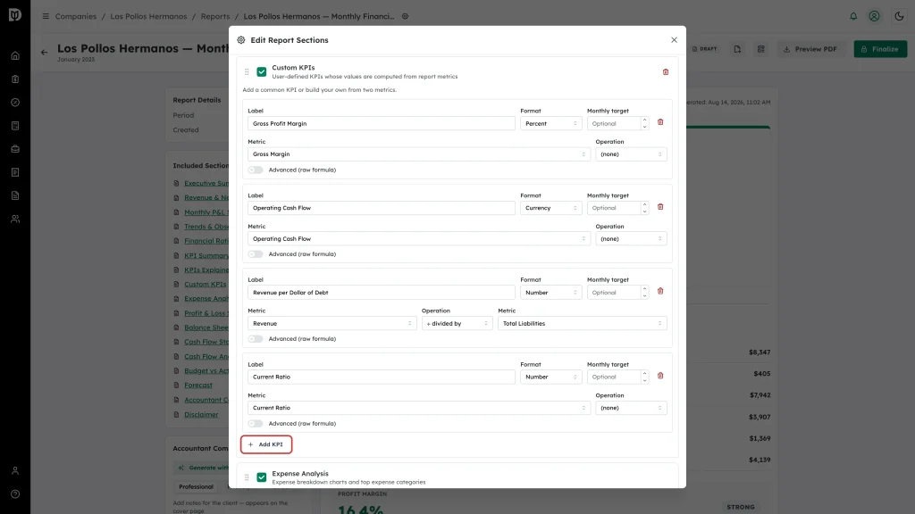 Add KPI button highlighted at the bottom of the Custom KPIs section
