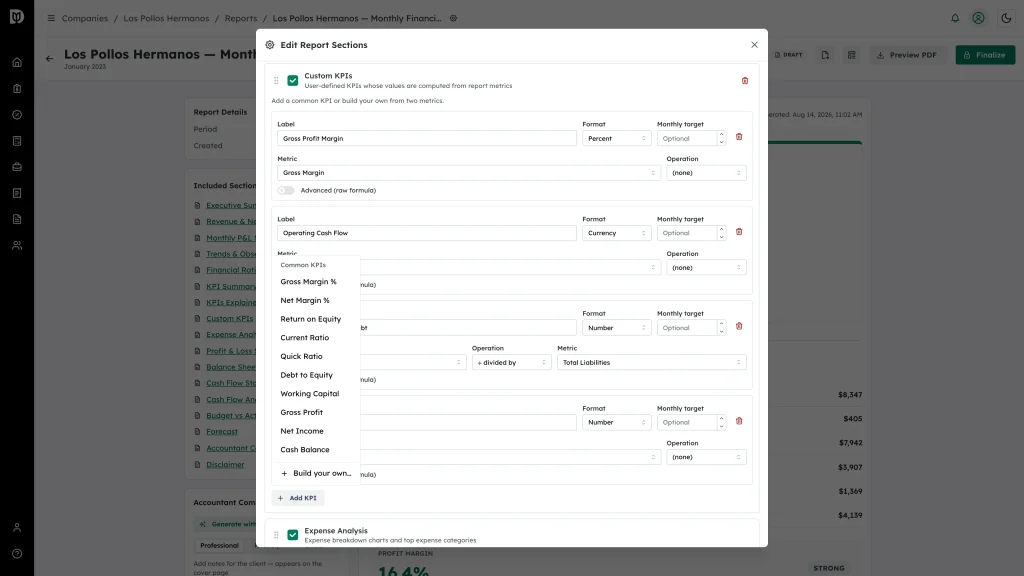 Add KPI menu open showing the common KPI presets and Build your own
