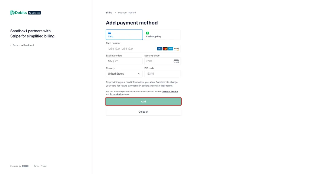 The Add button under the empty card details form in the billing portal