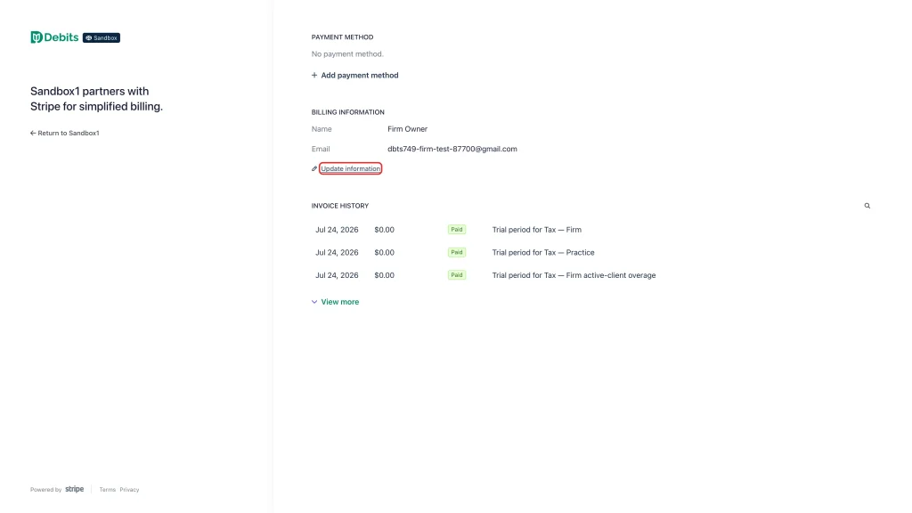 The Update information link under Billing information