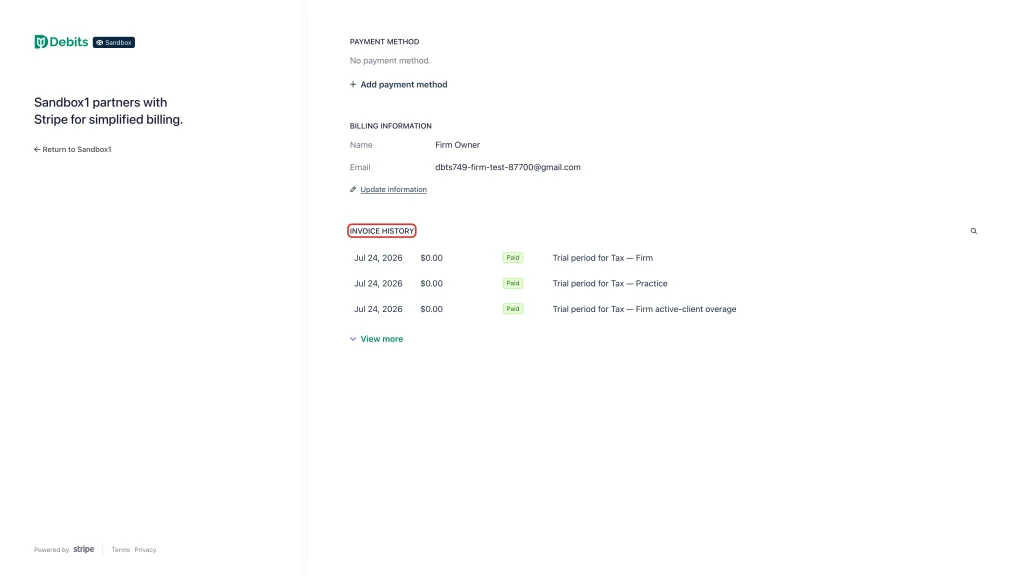 The Invoice history section of the billing portal